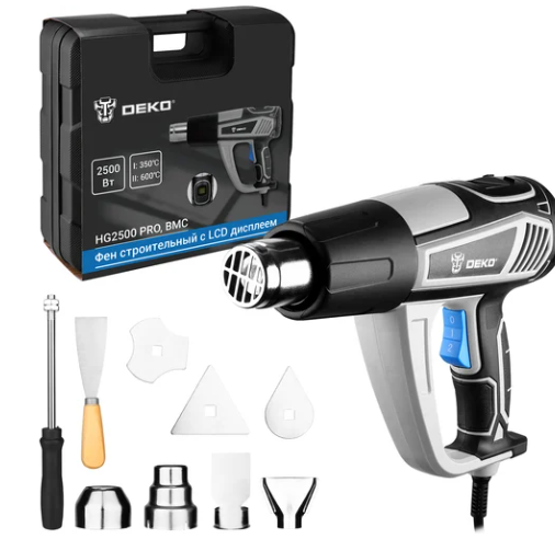 Фен строительный DEKO HG2500 PRO в кейсе, с LCD дисплеем, 2500 Вт 085-1131