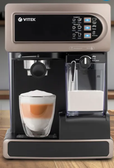 Кофеварка рожковая Vitek VT-1517 BN, кофемашина с автоматическим капучинатором, мощность 1238 вт, итальянская помпа с давлением 15 бар, капучино, латте, эспрессо одним нажатием
